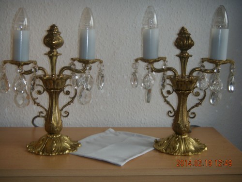Antik tömör réz asztali lámpa kétkarú Strassz üveg díszítéssel párban