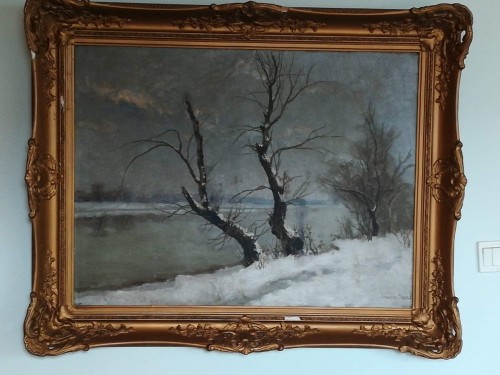 Siuda Nándor: Téli táj – nagyméretű festmény, gyönyörű keretben